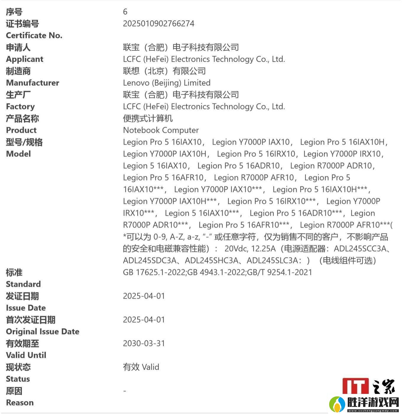2025款聯想拯救者Legion游戲本Y7000P/R7000P獲3C認證-性能再升級 